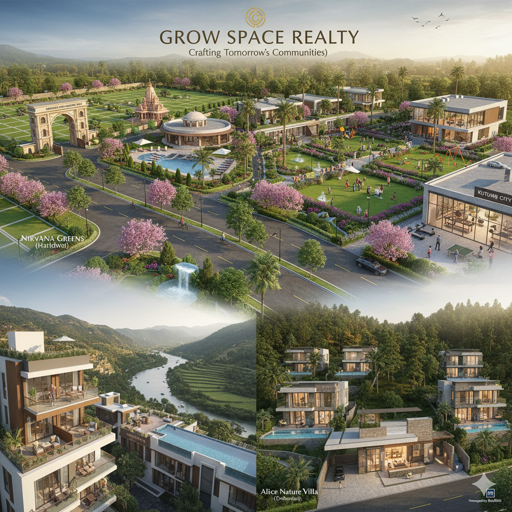 Aerial view of Nirvaana Greens gated community with landscaped parks and wide internal roads in Haridwar" "Clubhouse and swimming pool at Nirvaana Greens residential plots, surrounded by greenery" "Entrance of Nirvaana Greens with grand gate, landscaped gardens, and RERA-approved plots" Kutumb City (Haridwar) "Luxury plots in Kutumb City township with clubhouse, gym, and children’s play area" "Garden and serene temple area within Kutumb City Haridwar, showcasing modern infrastructure" "Community lifestyle at Kutumb City with families enjoying landscaped parks and amenities" Willow Estate (Rishikesh) "Fully furnished studio apartments at Willow Estate with scenic valley, river, and hill views" "Gated society of Willow Estate Rishikesh with clubhouse and swimming pool surrounded by greenery" Alice Nature Villa (Dehradun) "Luxury Alice Nature Villas in Dehradun with modern interiors and scenic forested surroundings" "Exterior view of Alice Nature Villa showing Radisson Blu-managed gated community and landscaped gardens"