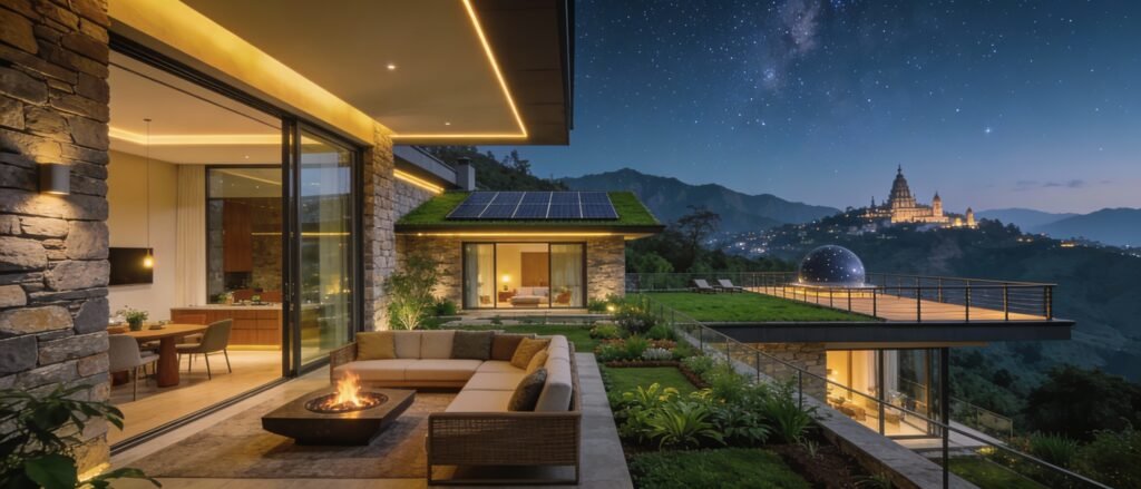 Aerial panoramic view of Willow Estates Rishikesh residential community with 52 studio apartments spread across 1.5 acres, lush green landscaping, modern architecture, Himalayan mountains, and Neelkanth Temple in distance near Pauri Garhwal