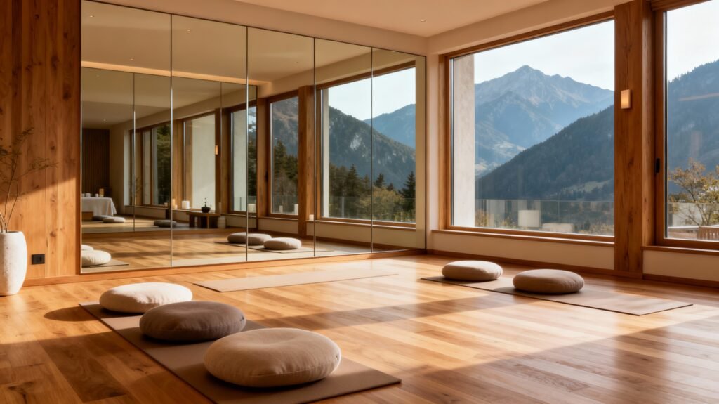 Luxury modern studio apartment interior with contemporary furniture, large windows, and premium finishes in Willow Estate Rishikesh