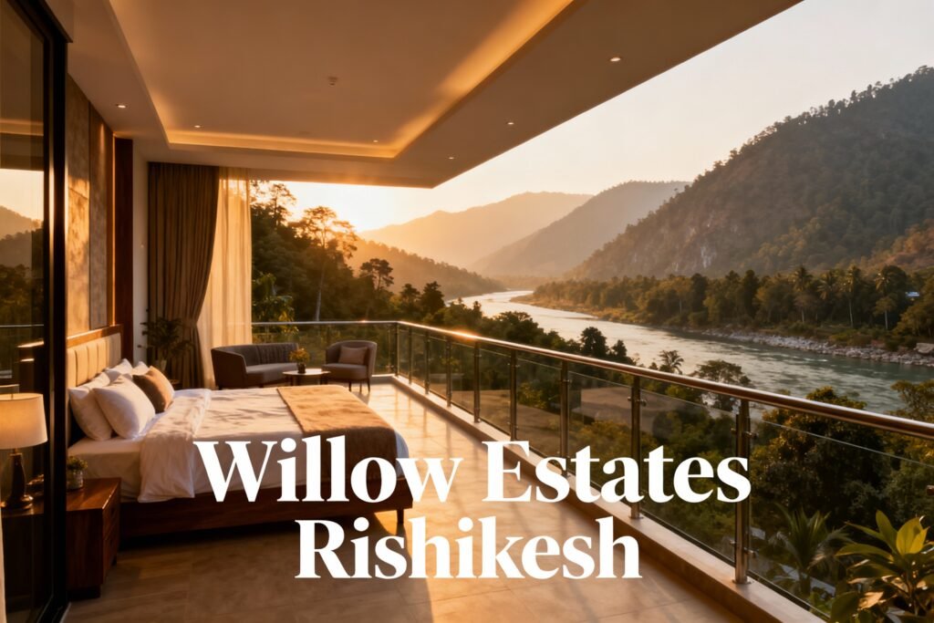 Luxury studio apartment at Willow Estates Rishikesh with wide balcony, modern furnishings, king bed, and nature view of Ganga River valley